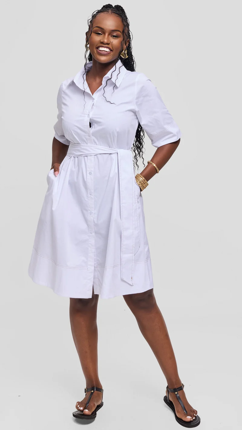 Vivo Lulu Contrast Stitch Tent Dress in Cotton - White (Taupe Contrast Stitch)