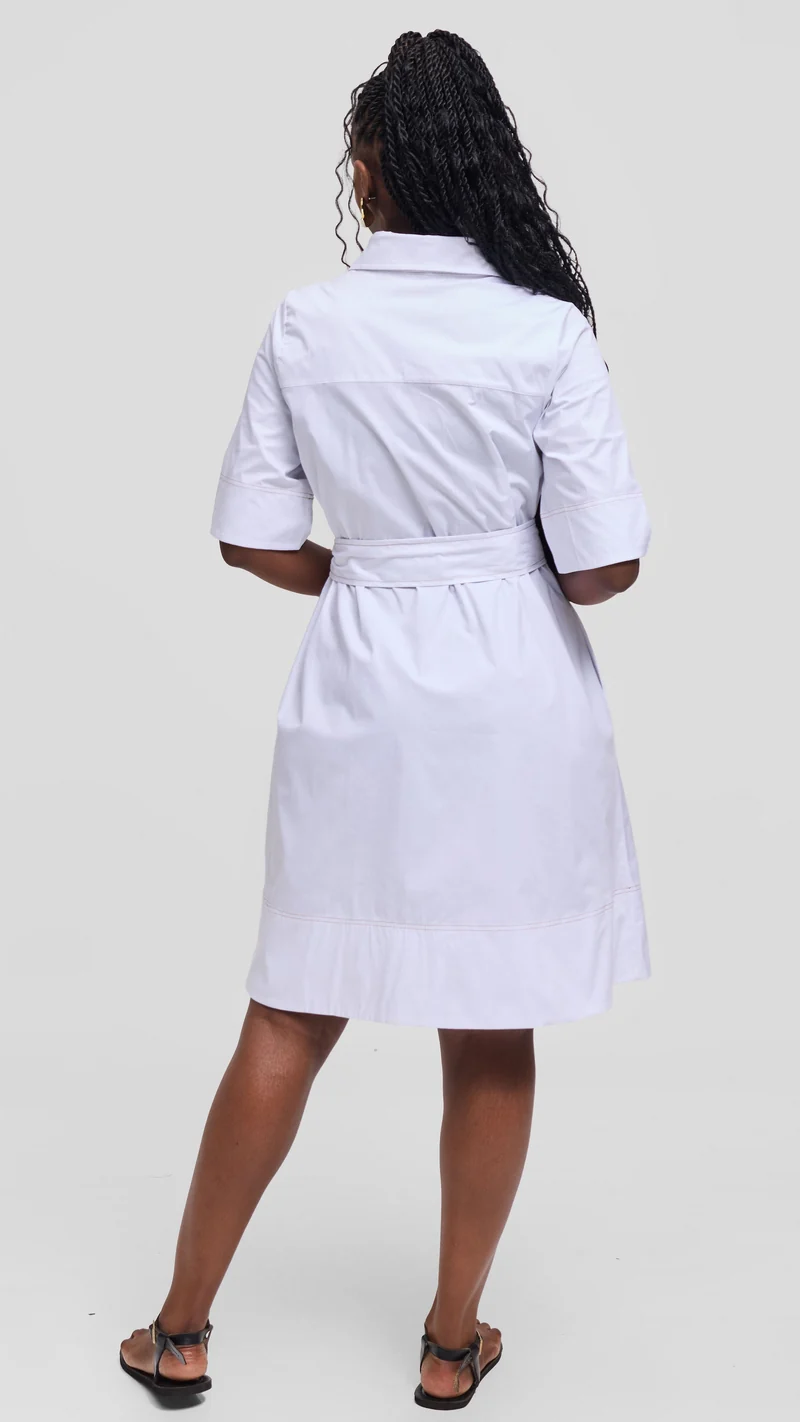 Vivo Lulu Contrast Stitch Tent Dress in Cotton - White (Taupe Contrast Stitch)