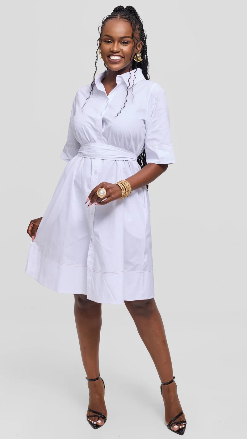 Vivo Lulu Contrast Stitch Tent Dress in Cotton - White (Taupe Contrast Stitch)