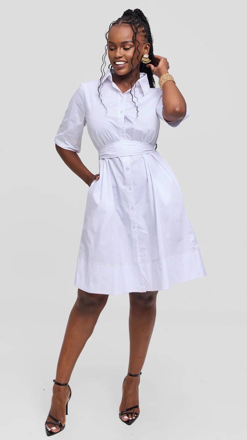 Vivo Lulu Contrast Stitch Tent Dress in Cotton - White (Taupe Contrast Stitch)