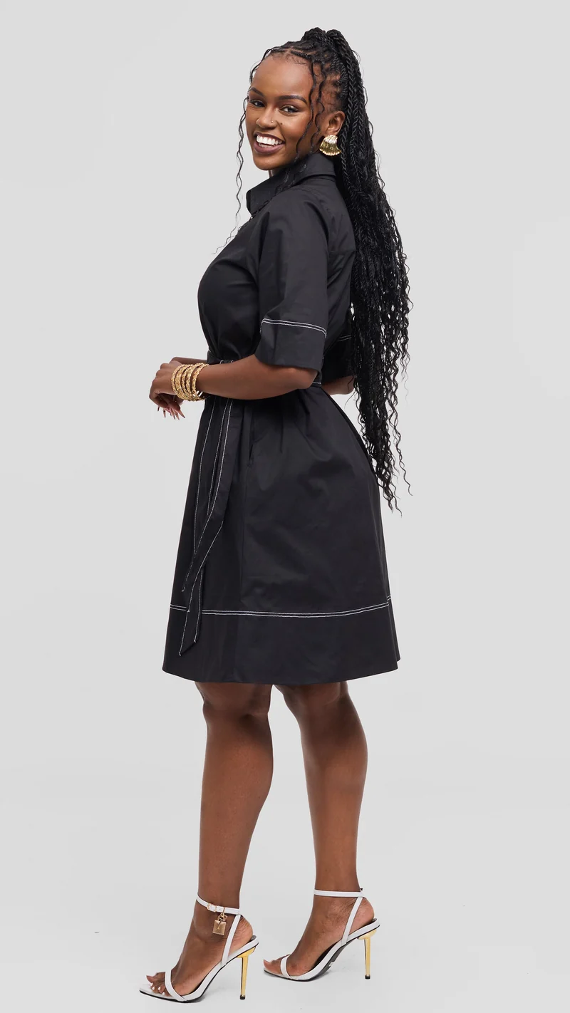 Vivo Lulu Contrast Stitch Tent Dress In Cotton - Black