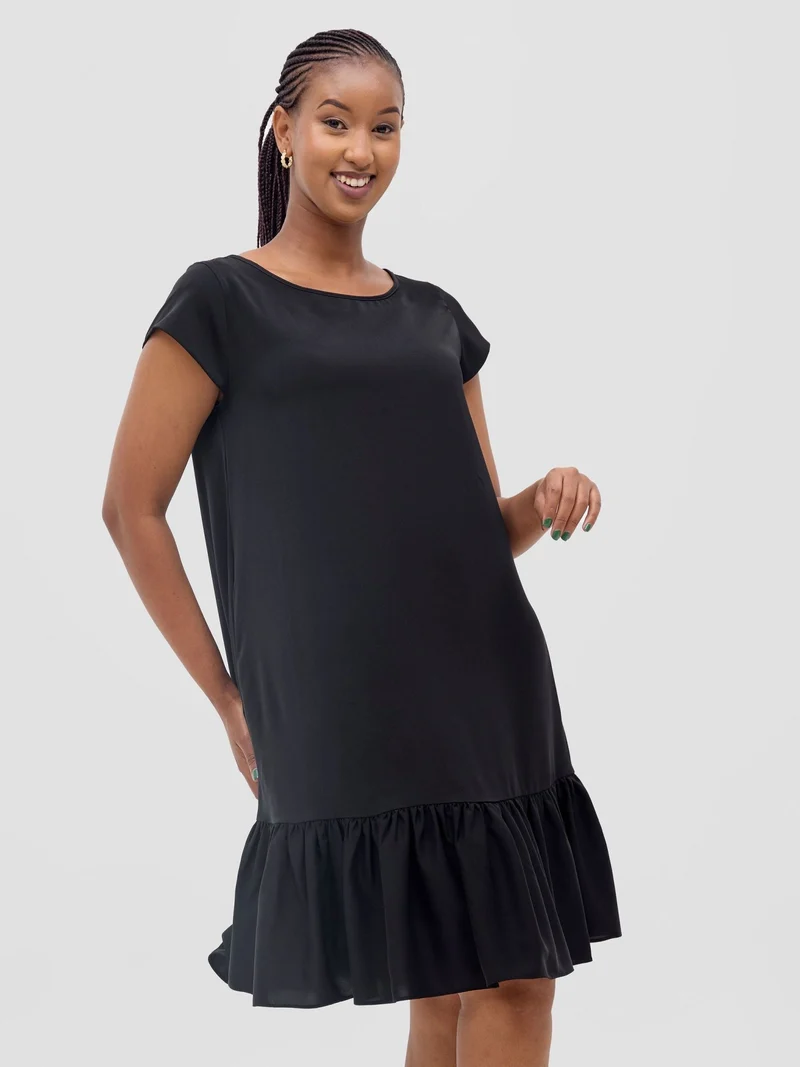 Vivo Dalia Cap Sleeve Gathered Tent Dress in Crepe - Black