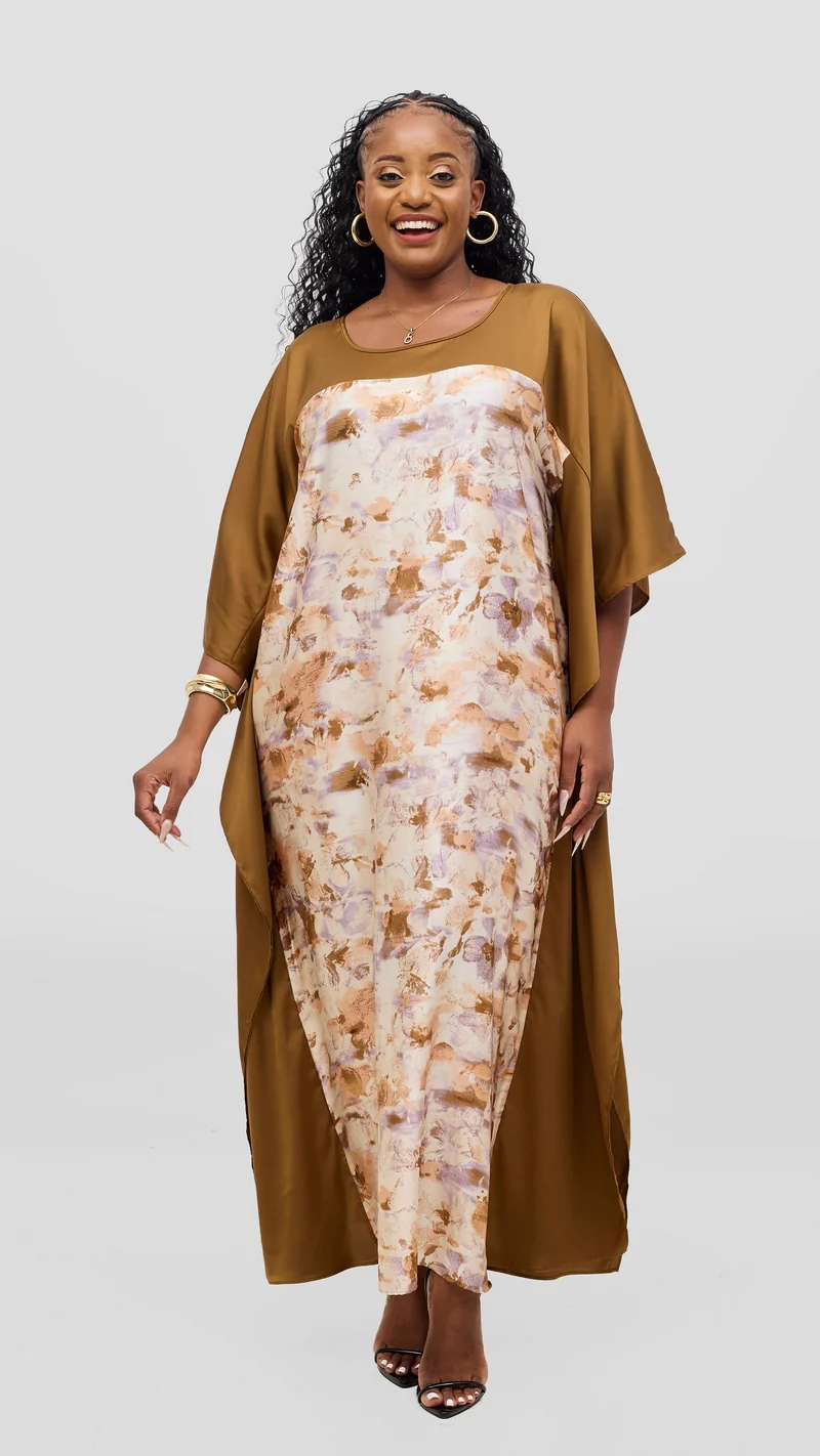 Vivo Keza Satin Border Maxi Kaftan - Peach / Lilac Print