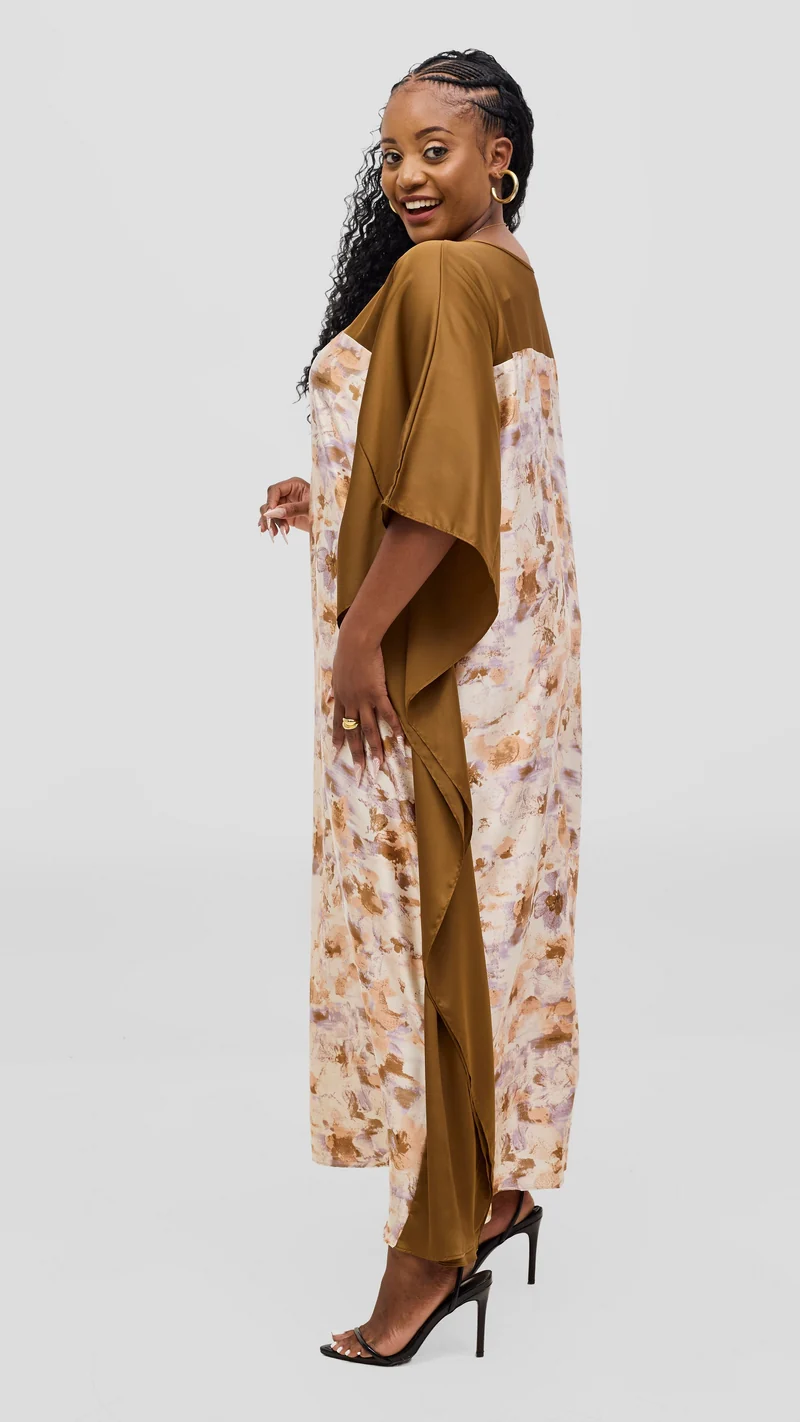 Vivo Keza Satin Border Maxi Kaftan - Peach / Lilac Print