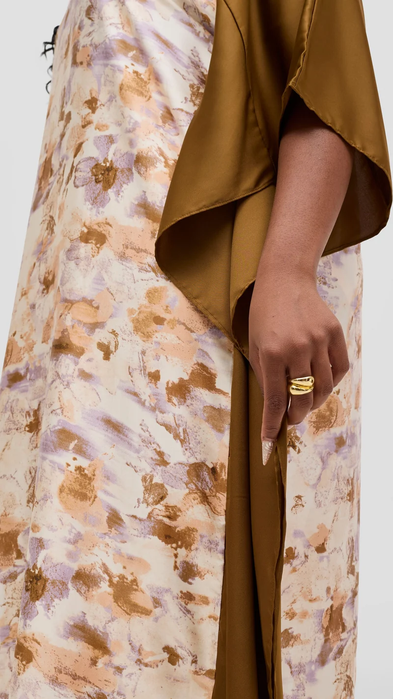 Vivo Keza Satin Border Maxi Kaftan - Peach / Lilac Print