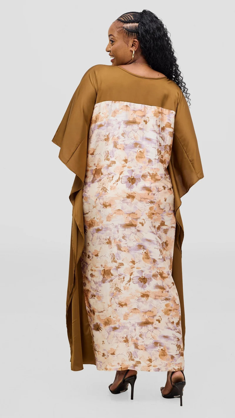 Vivo Keza Satin Border Maxi Kaftan - Peach / Lilac Print