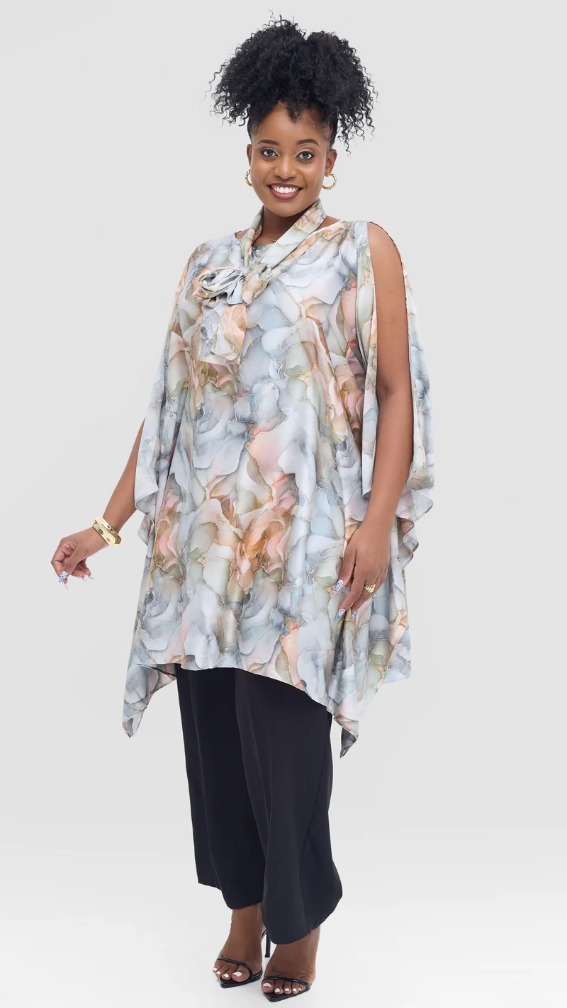 Vivo Knee Length Kaftan in Satin - Grey / Pink Print