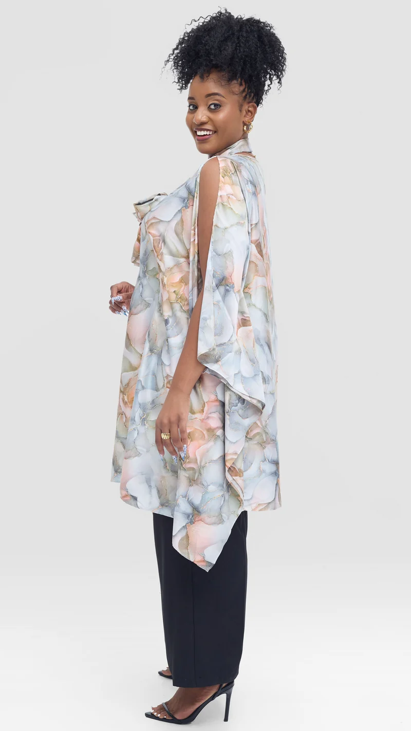 Vivo Knee Length Kaftan in Satin - Grey / Pink Print