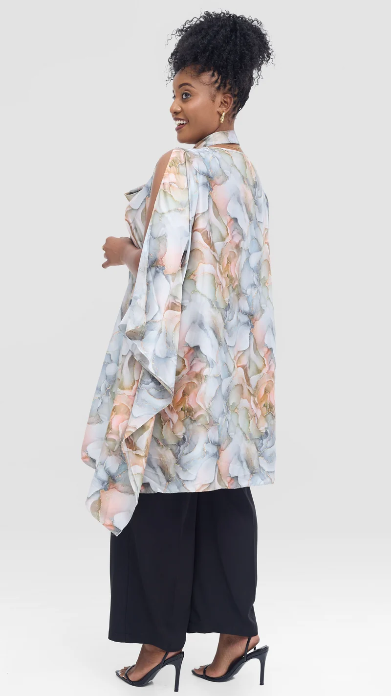 Vivo Knee Length Kaftan in Satin - Grey / Pink Print