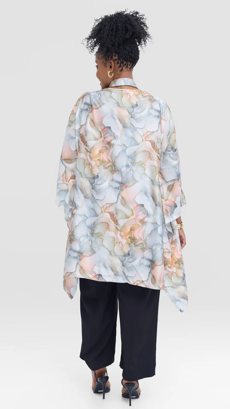 Vivo Knee Length Kaftan in Satin - Grey / Pink Print