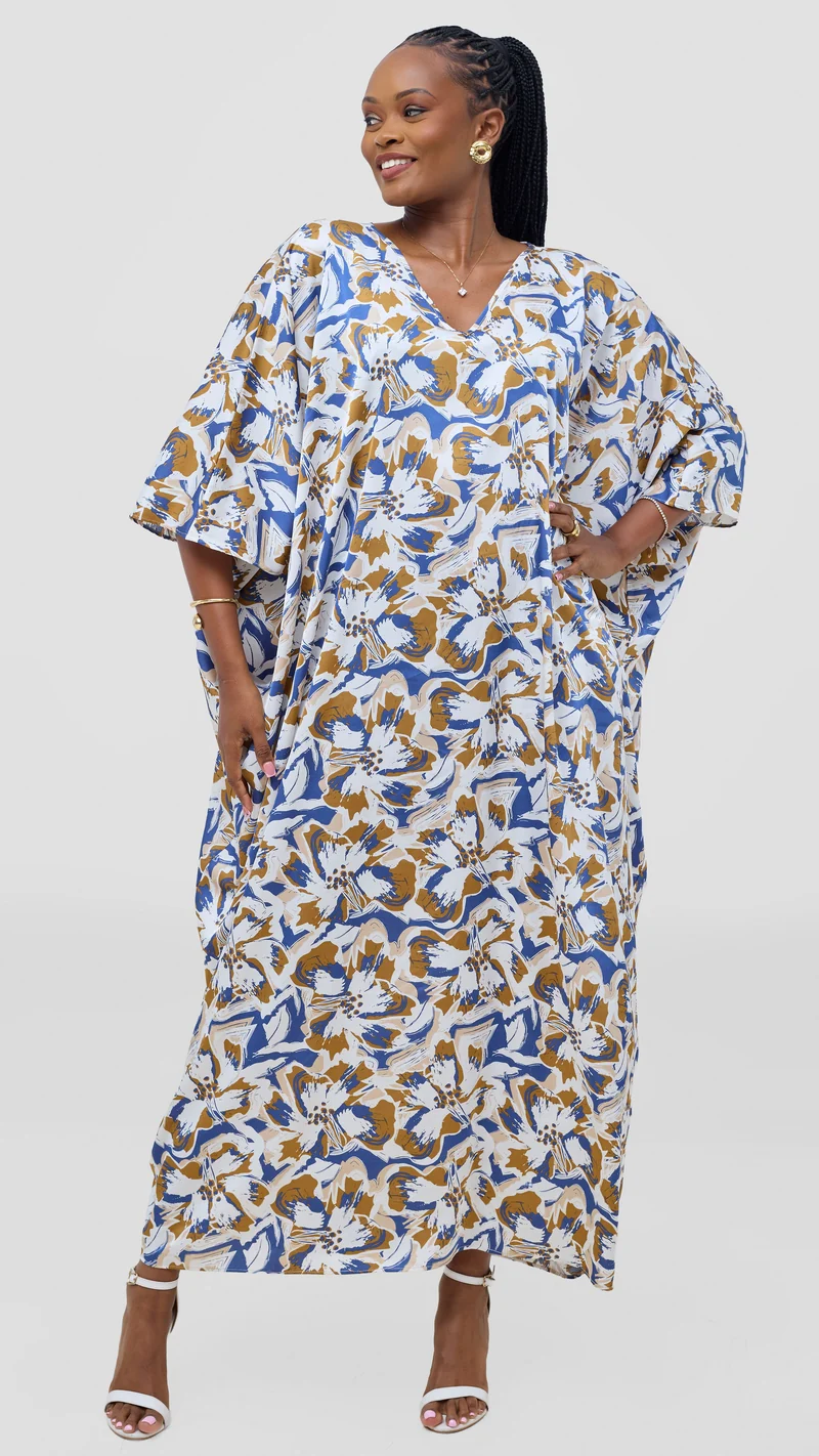 Vivo Keza V-Neck Maxi Kaftan - White / Brown Print
