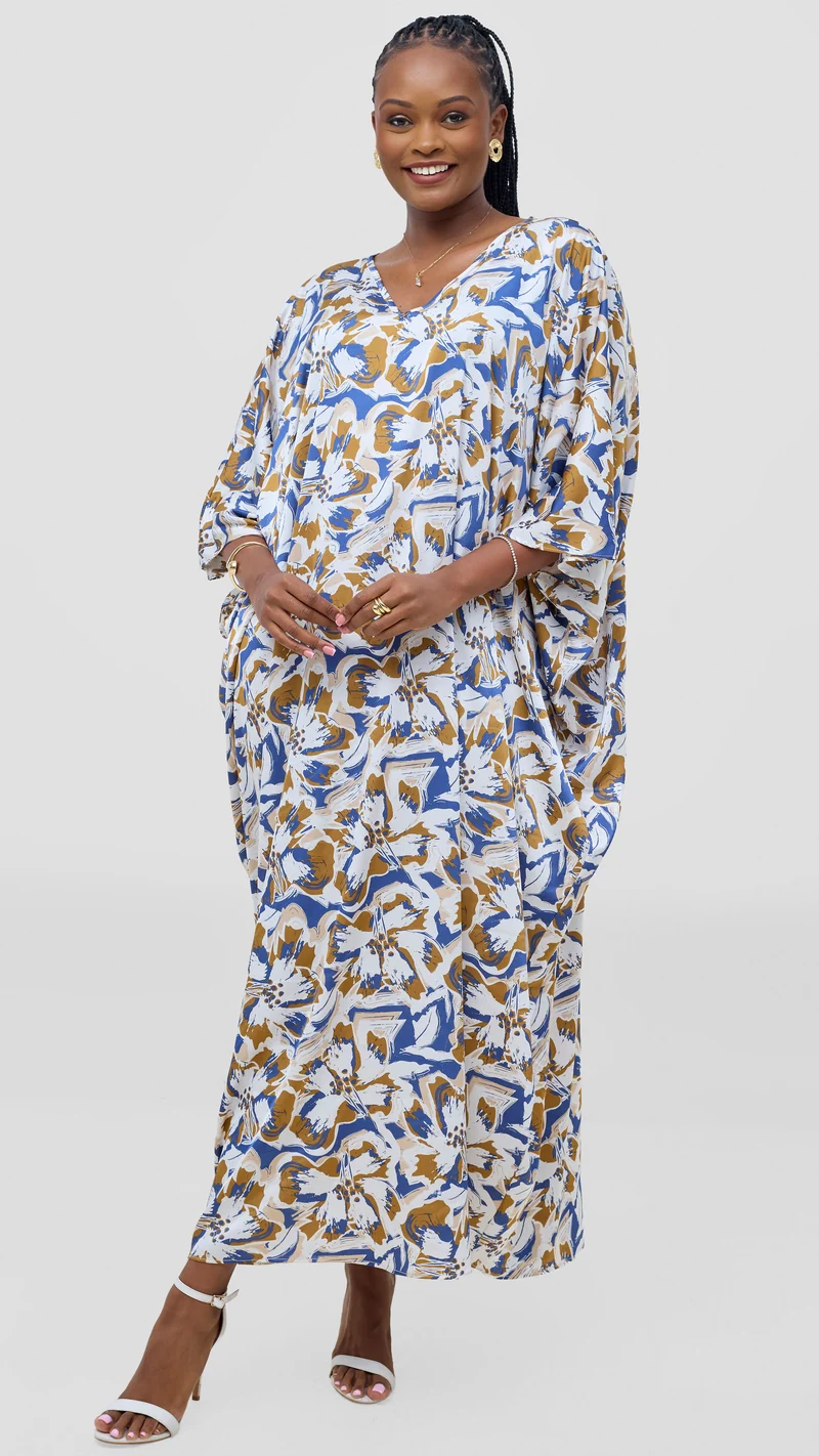 Vivo Keza V-Neck Maxi Kaftan - White / Brown Print