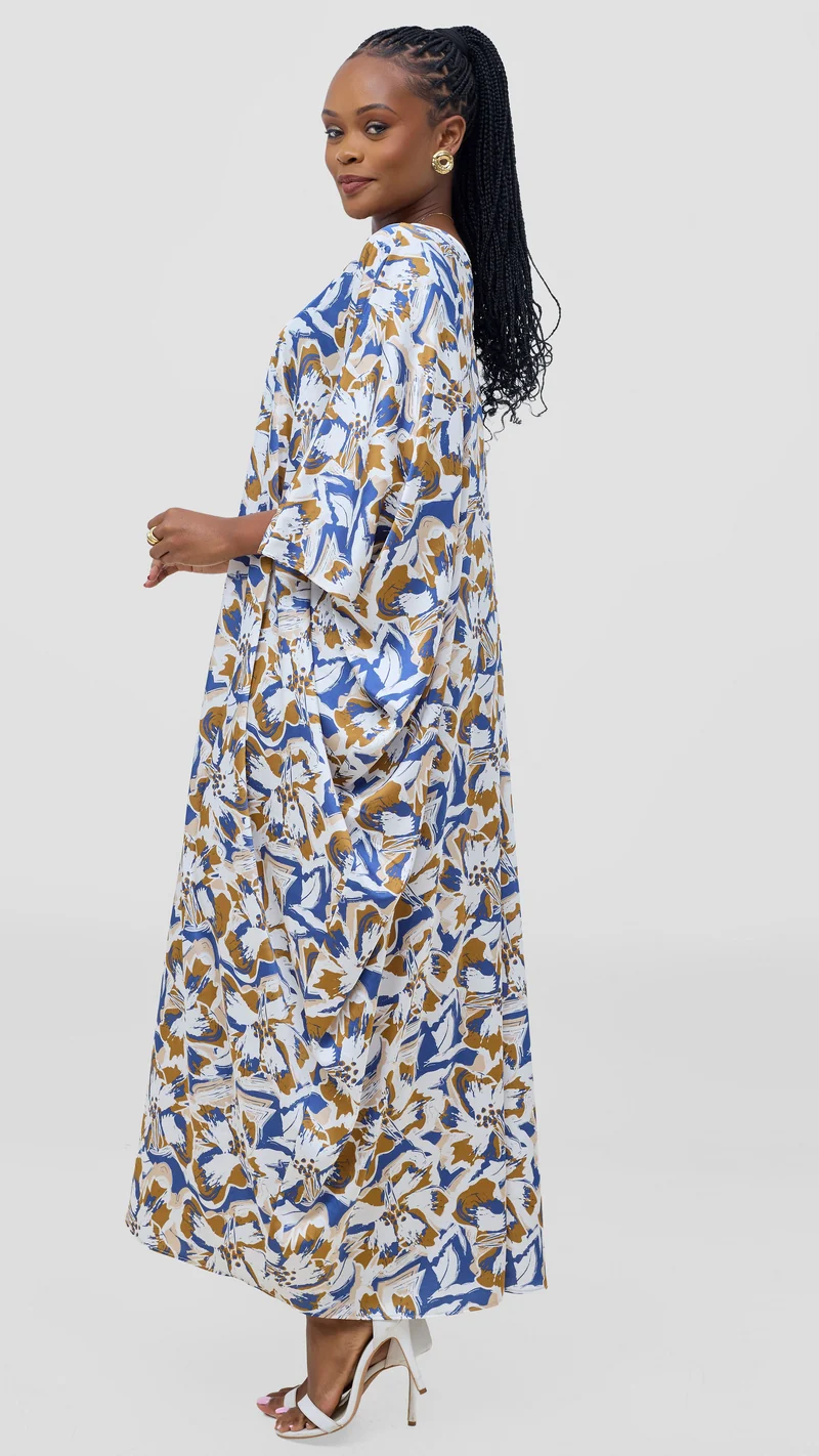 Vivo Keza V-Neck Maxi Kaftan - White / Brown Print