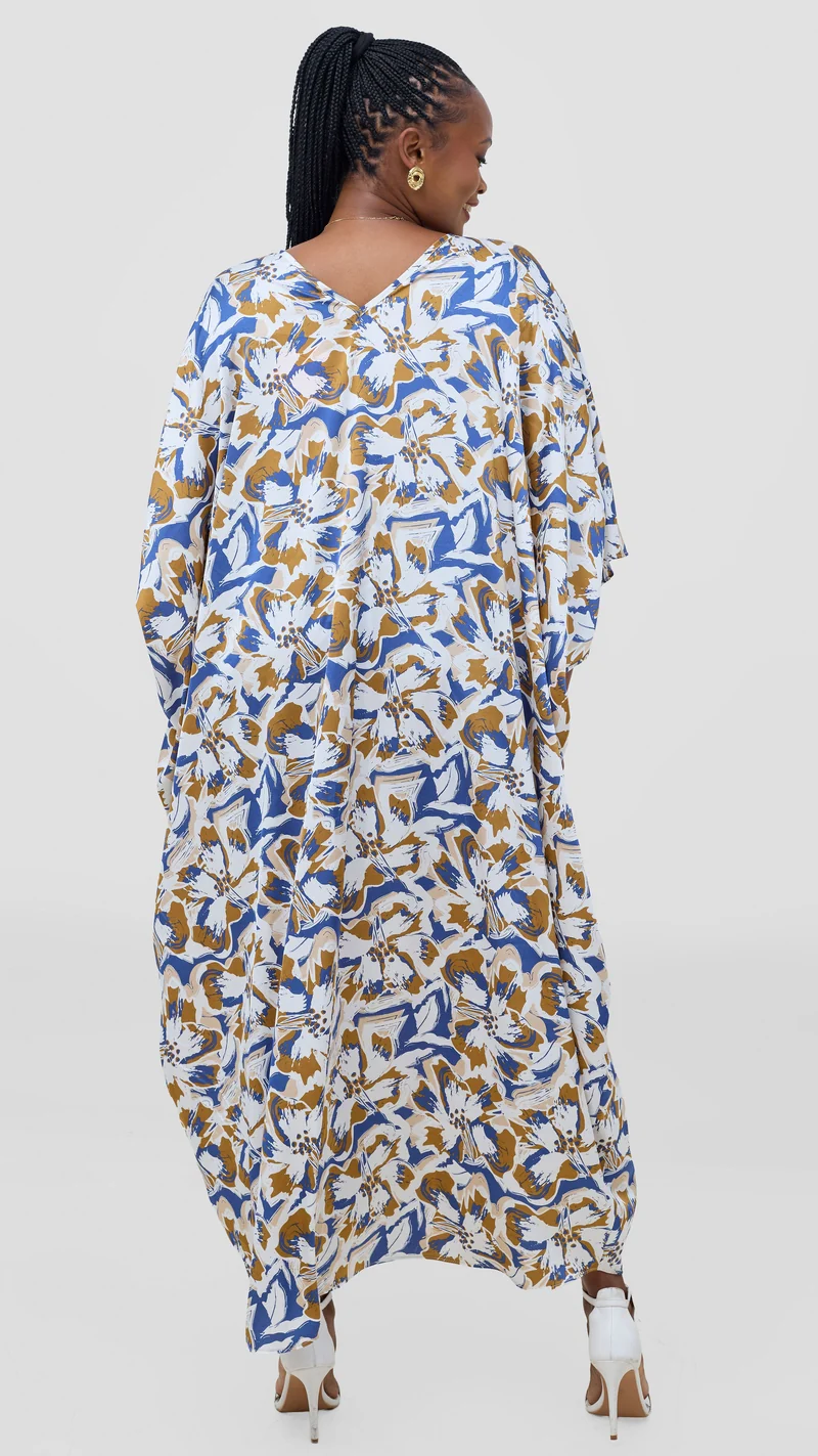 Vivo Keza V-Neck Maxi Kaftan - White / Brown Print
