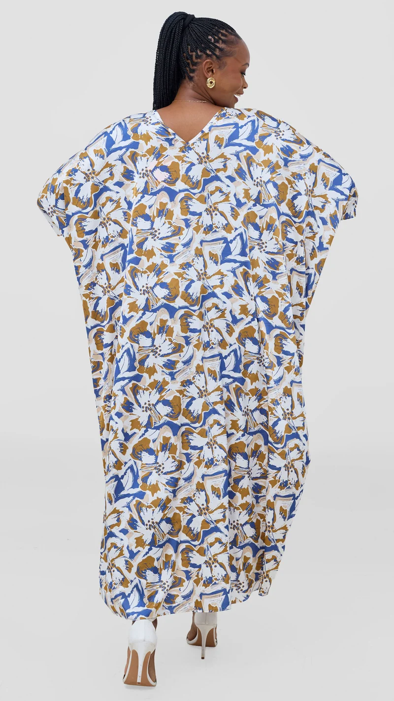 Vivo Keza V-Neck Maxi Kaftan - White / Brown Print
