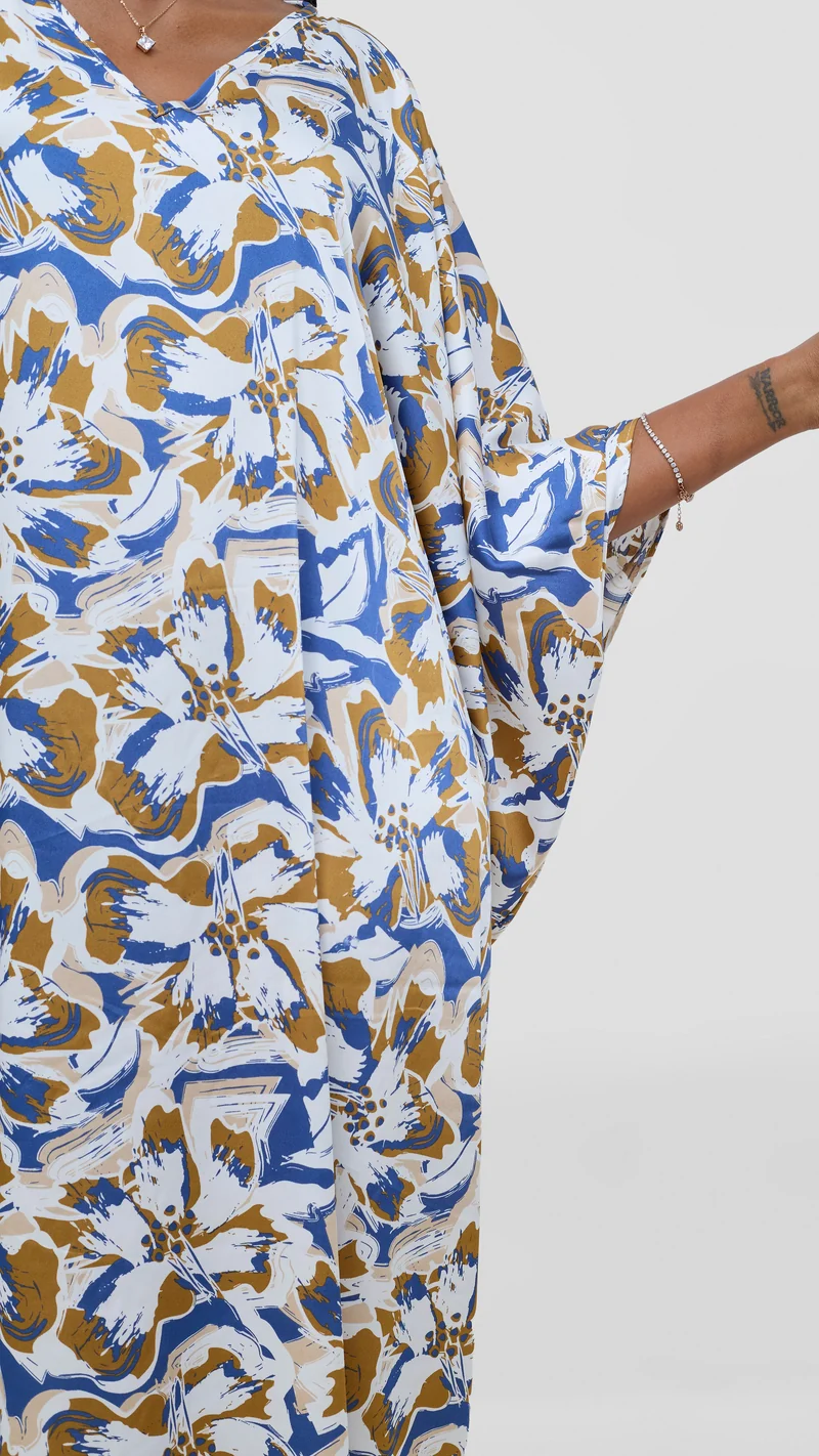 Vivo Keza V-Neck Maxi Kaftan - White / Brown Print