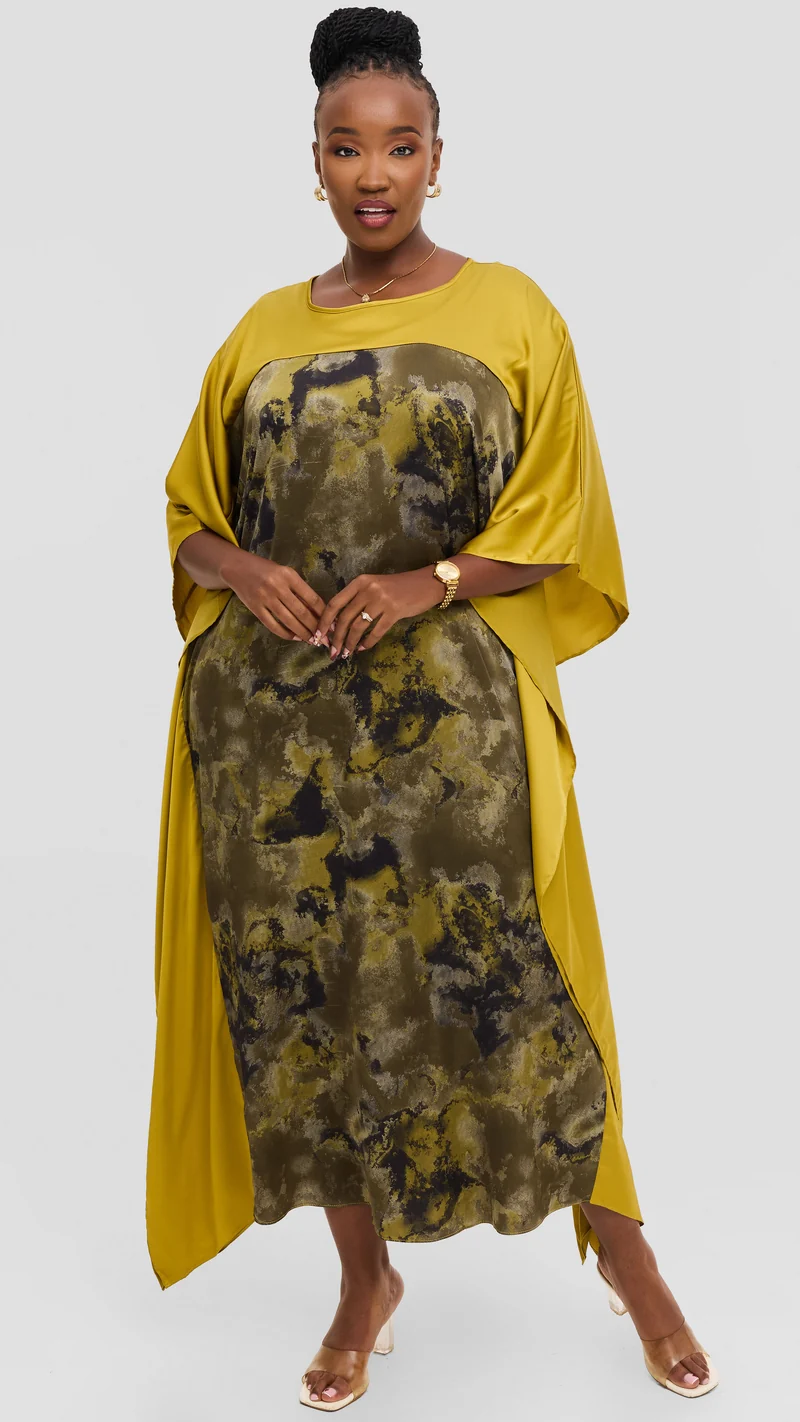 Vivo Keza Satin Border Maxi Kaftan - Olive / Dark Green Abstract Print