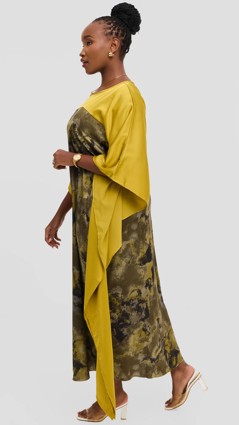 Vivo Keza Satin Border Maxi Kaftan - Olive / Dark Green Abstract Print