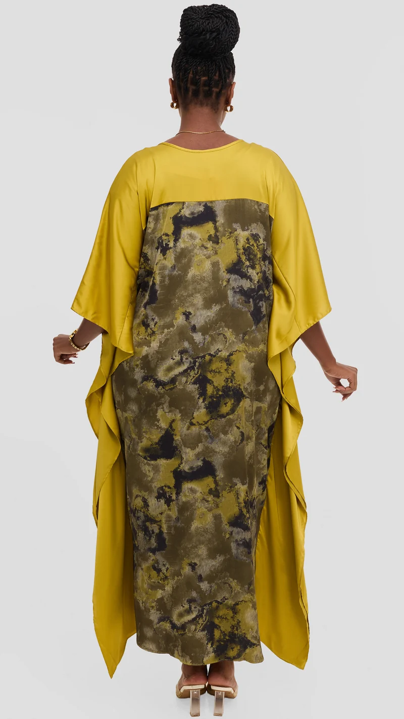 Vivo Keza Satin Border Maxi Kaftan - Olive / Dark Green Abstract Print