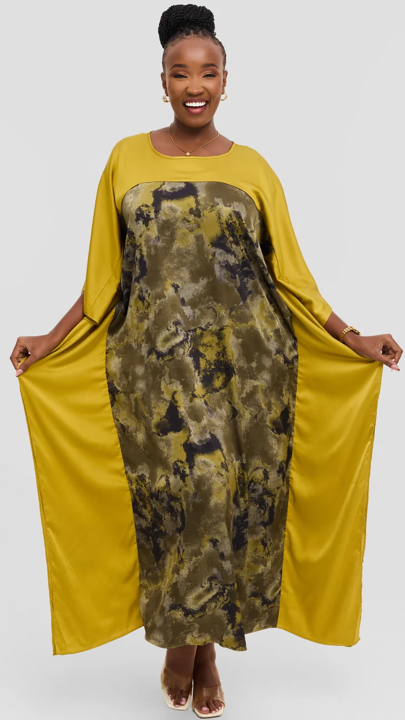 Vivo Keza Satin Border Maxi Kaftan - Olive / Dark Green Abstract Print
