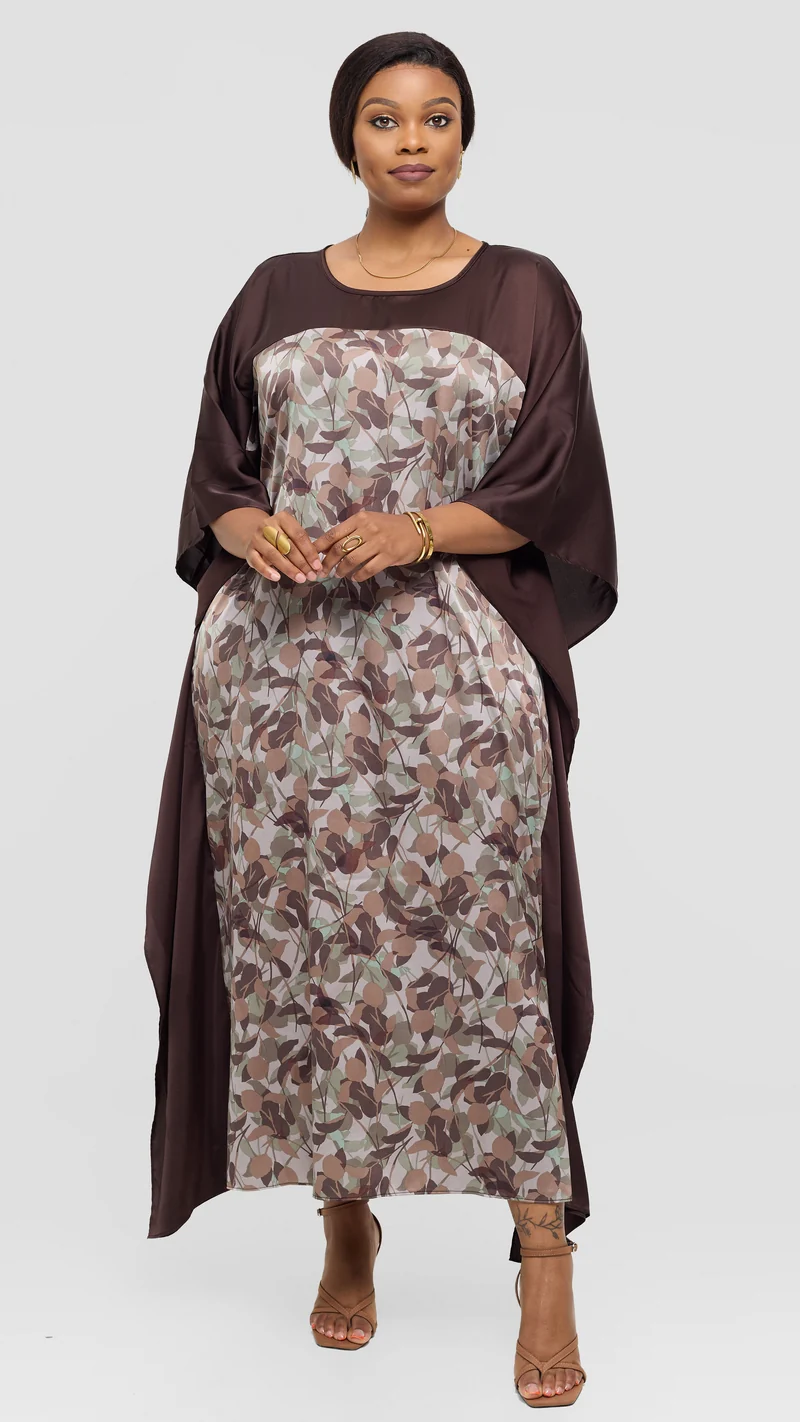 Vivo Keza Satin Border Maxi Kaftan - Brown / Mint Abstract Print