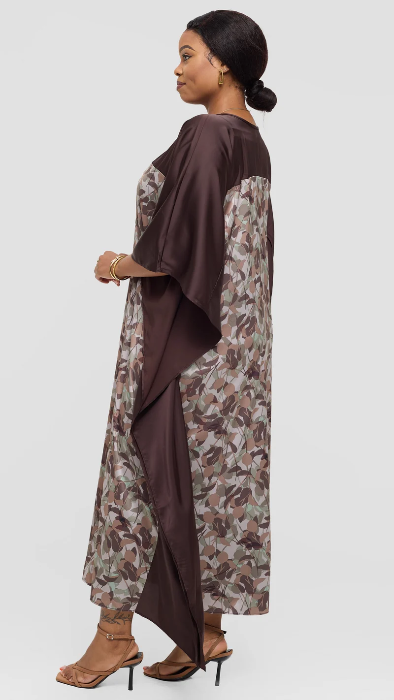 Vivo Keza Satin Border Maxi Kaftan - Brown / Mint Abstract Print