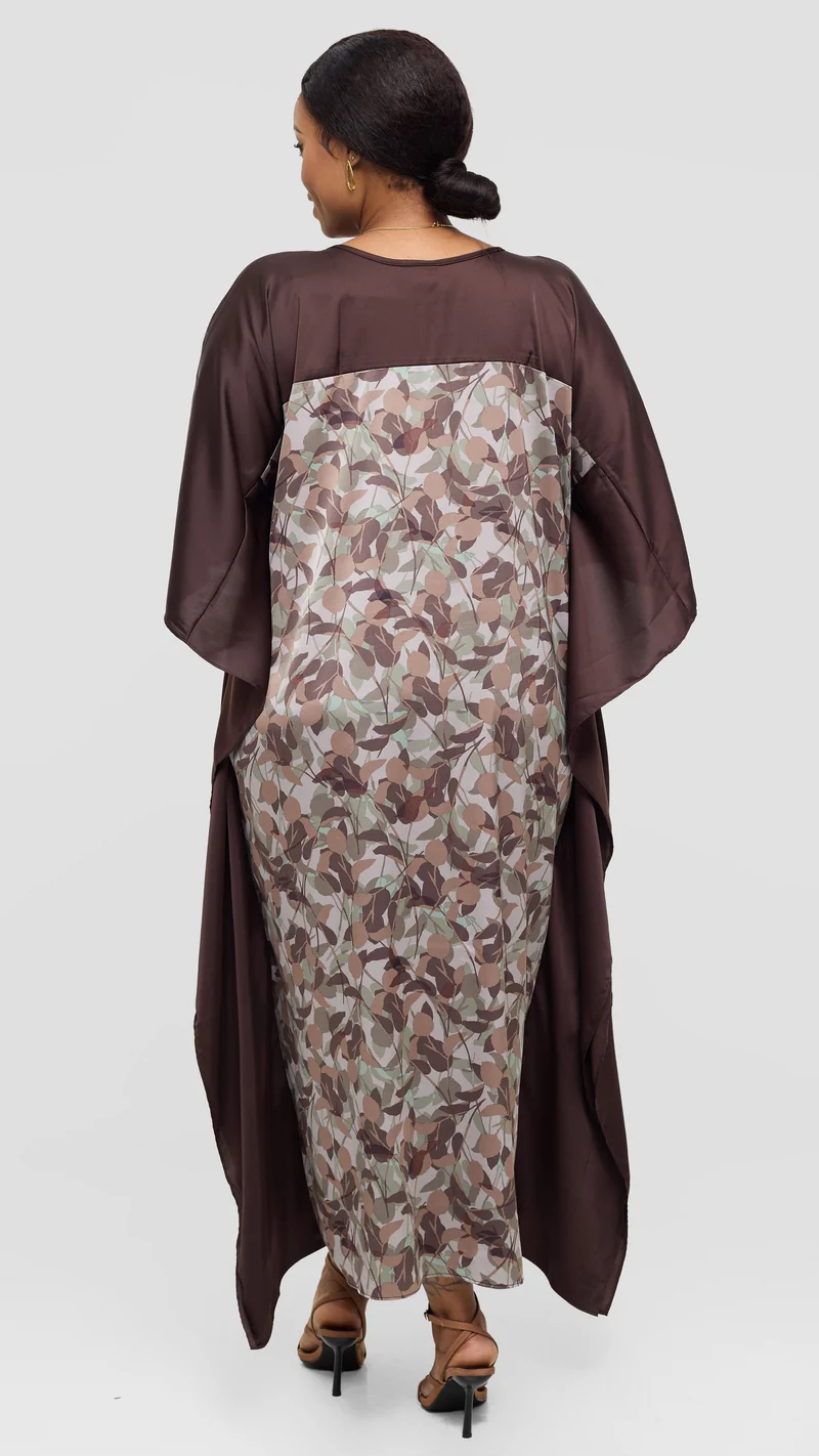 Vivo Keza Satin Border Maxi Kaftan - Brown / Mint Abstract Print