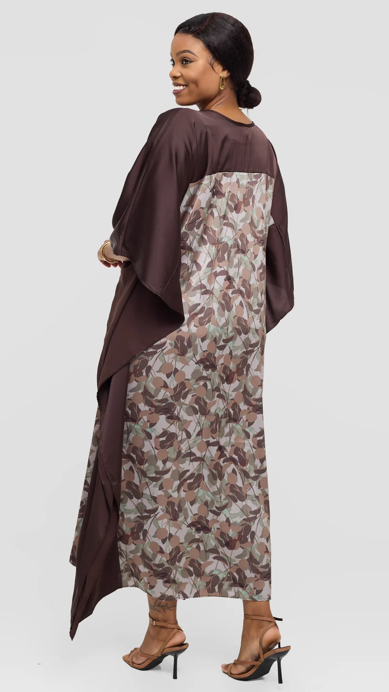 Vivo Keza Satin Border Maxi Kaftan - Brown / Mint Abstract Print