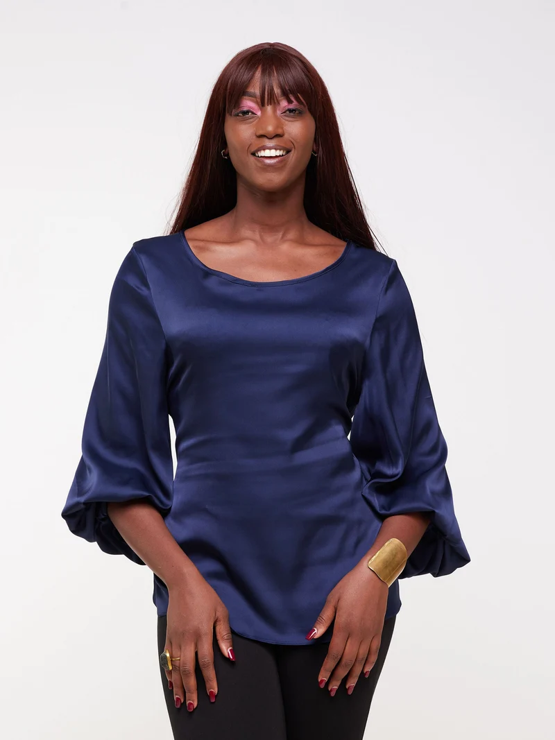 Vivo Izzy Satin Bishop Sleeve Top - Navy Blue
