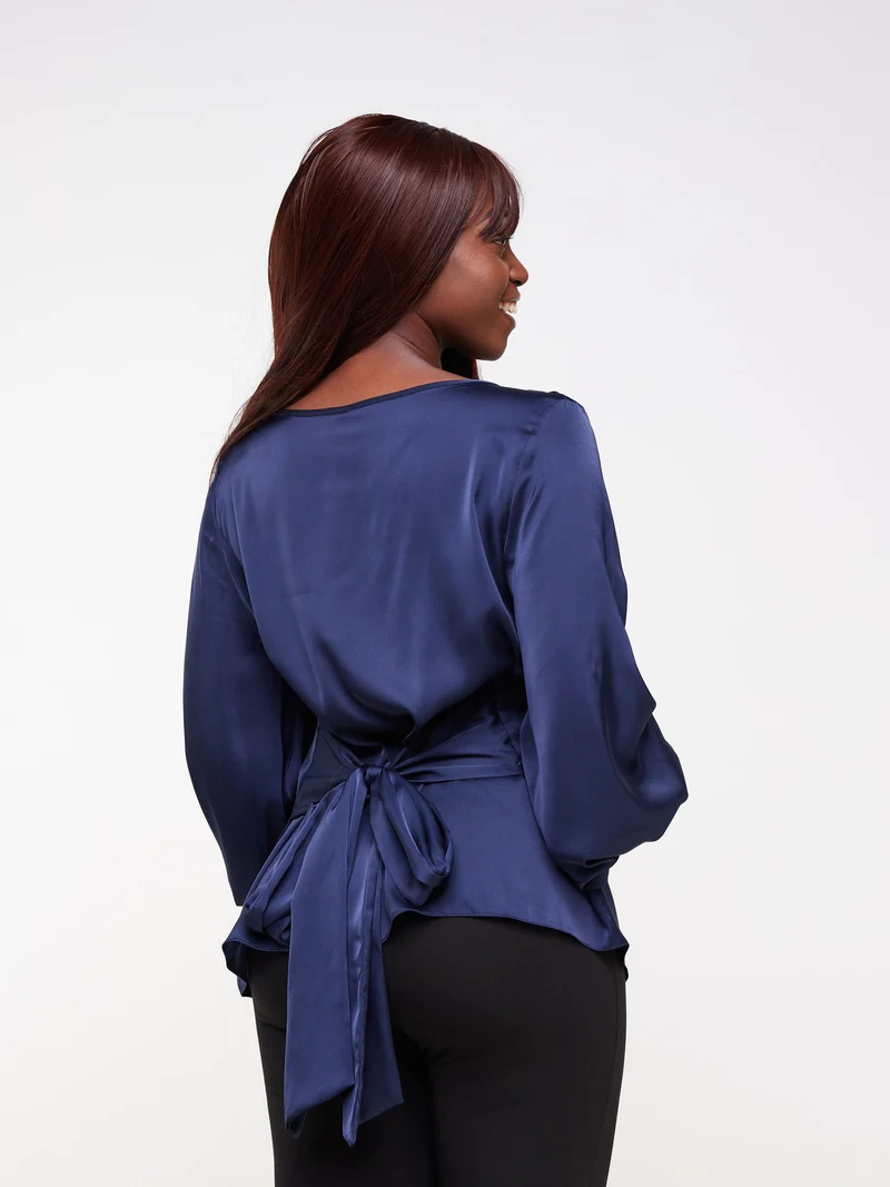 Vivo Izzy Satin Bishop Sleeve Top - Navy Blue