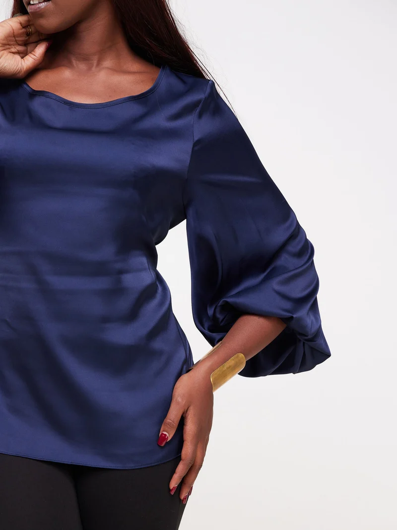 Vivo Izzy Satin Bishop Sleeve Top - Navy Blue