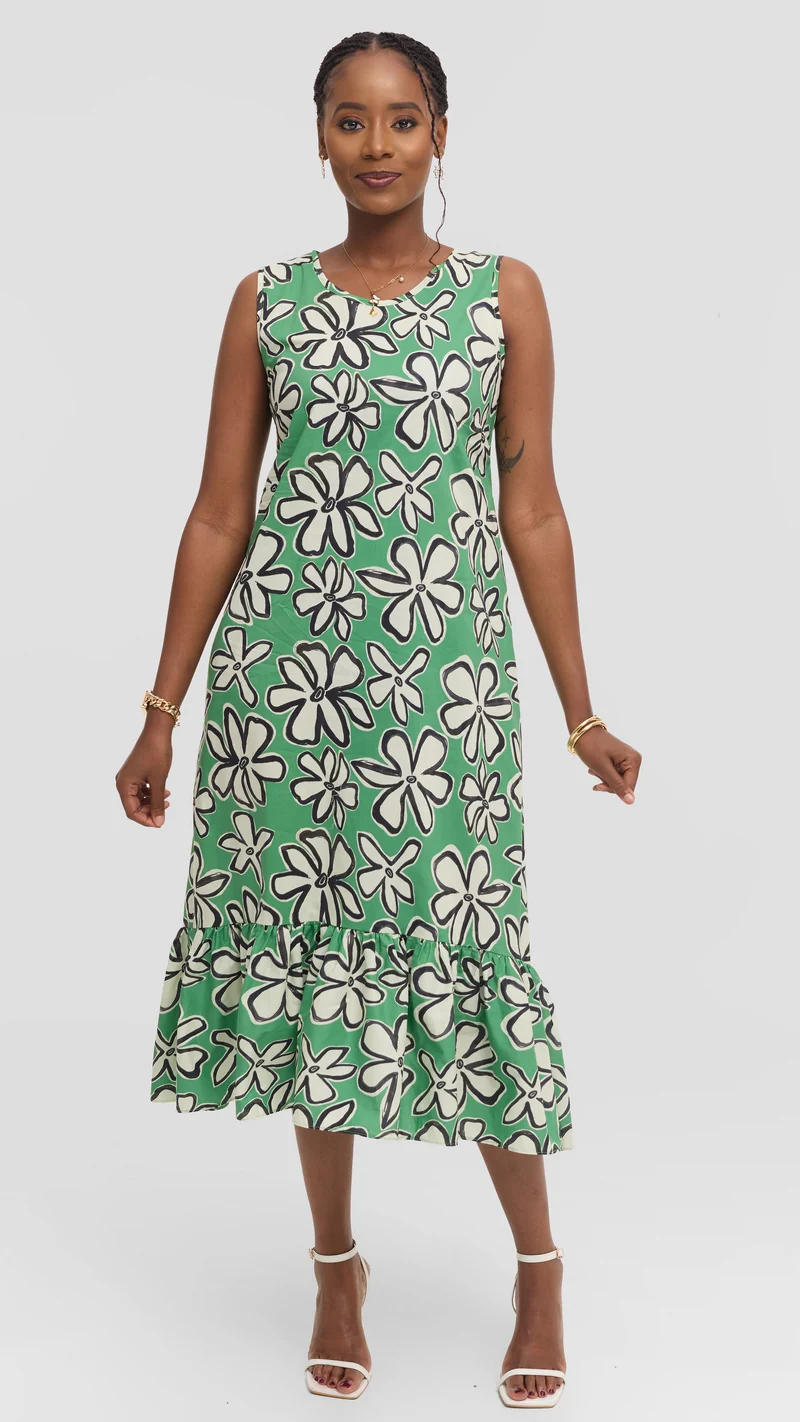 Vivo Dalia Sleeveless Tie Midi Dress in Print Cotton - Green Multicolor Print