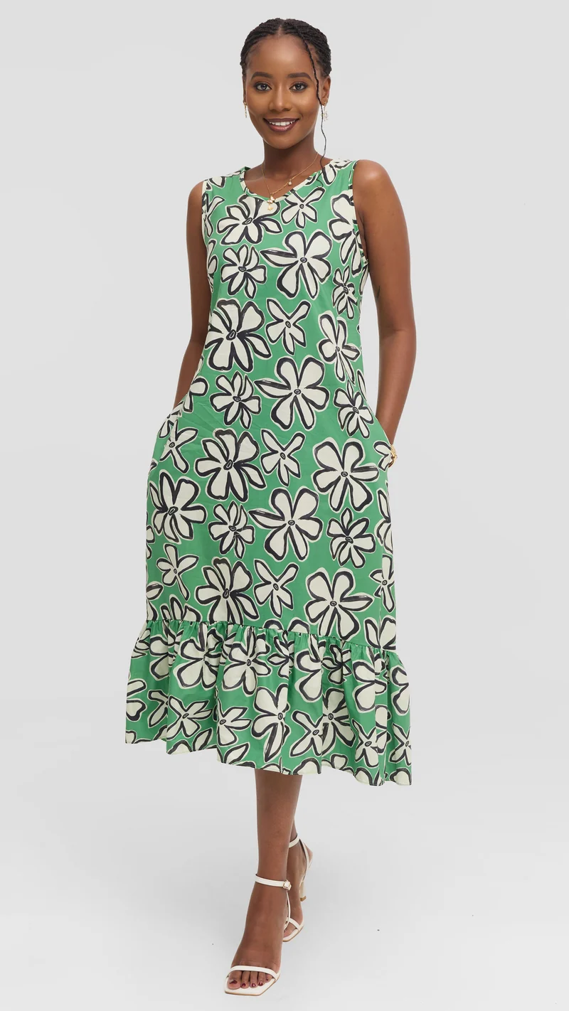 Vivo Dalia Sleeveless Tie Midi Dress in Print Cotton - Green Multicolor Print