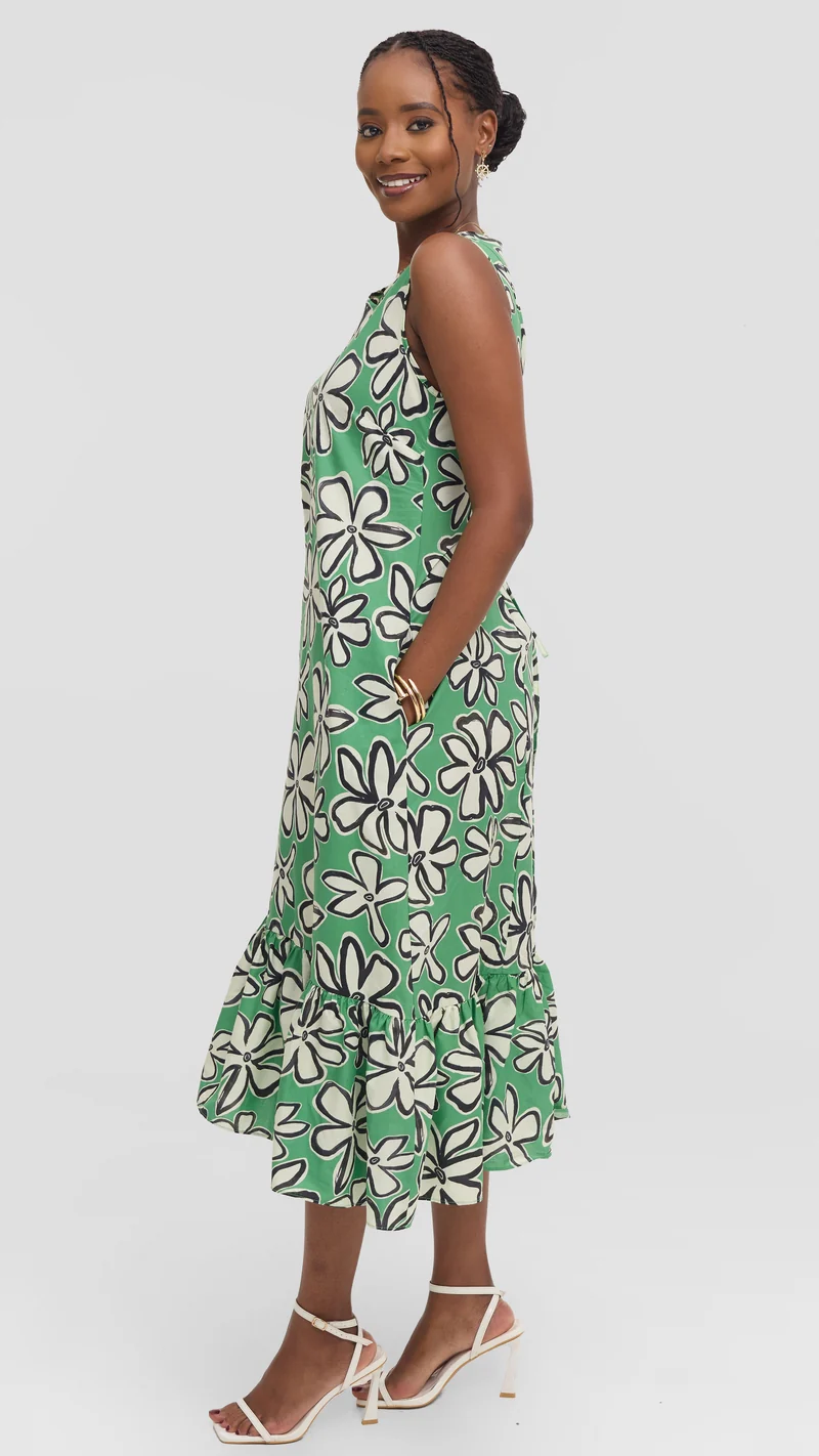 Vivo Dalia Sleeveless Tie Midi Dress in Print Cotton - Green Multicolor Print