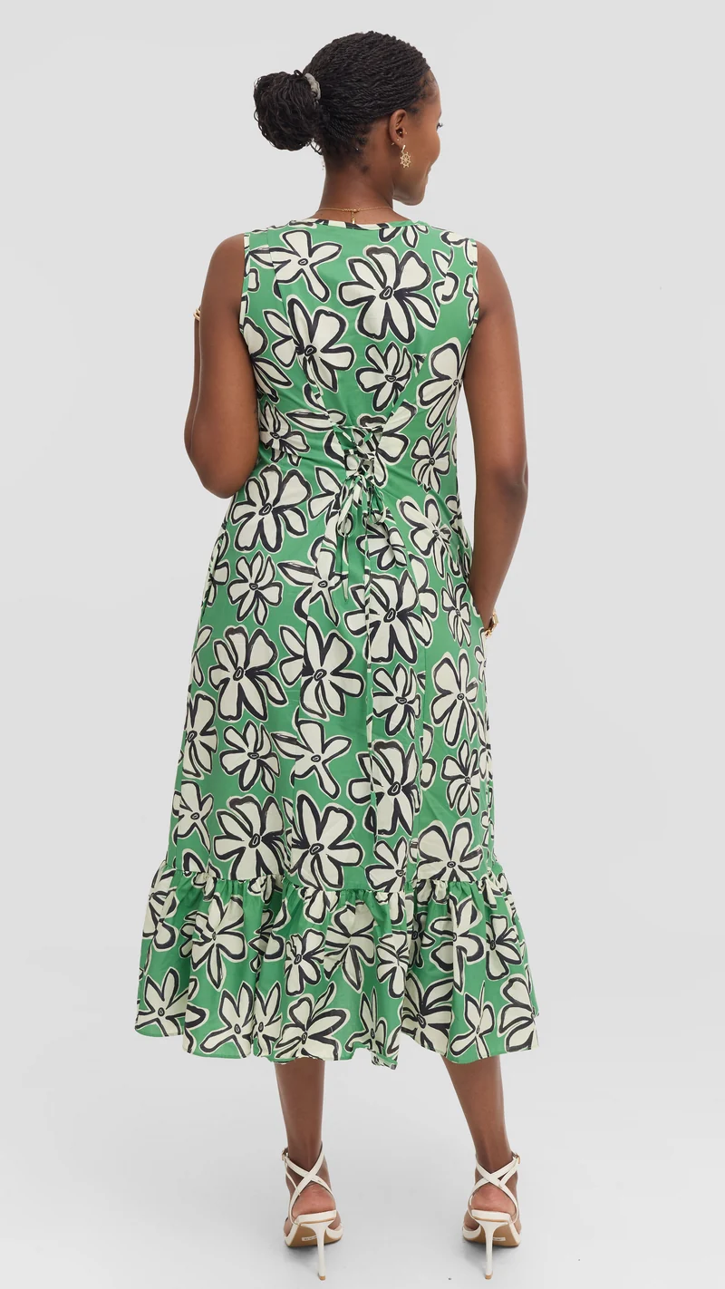 Vivo Dalia Sleeveless Tie Midi Dress in Print Cotton - Green Multicolor Print
