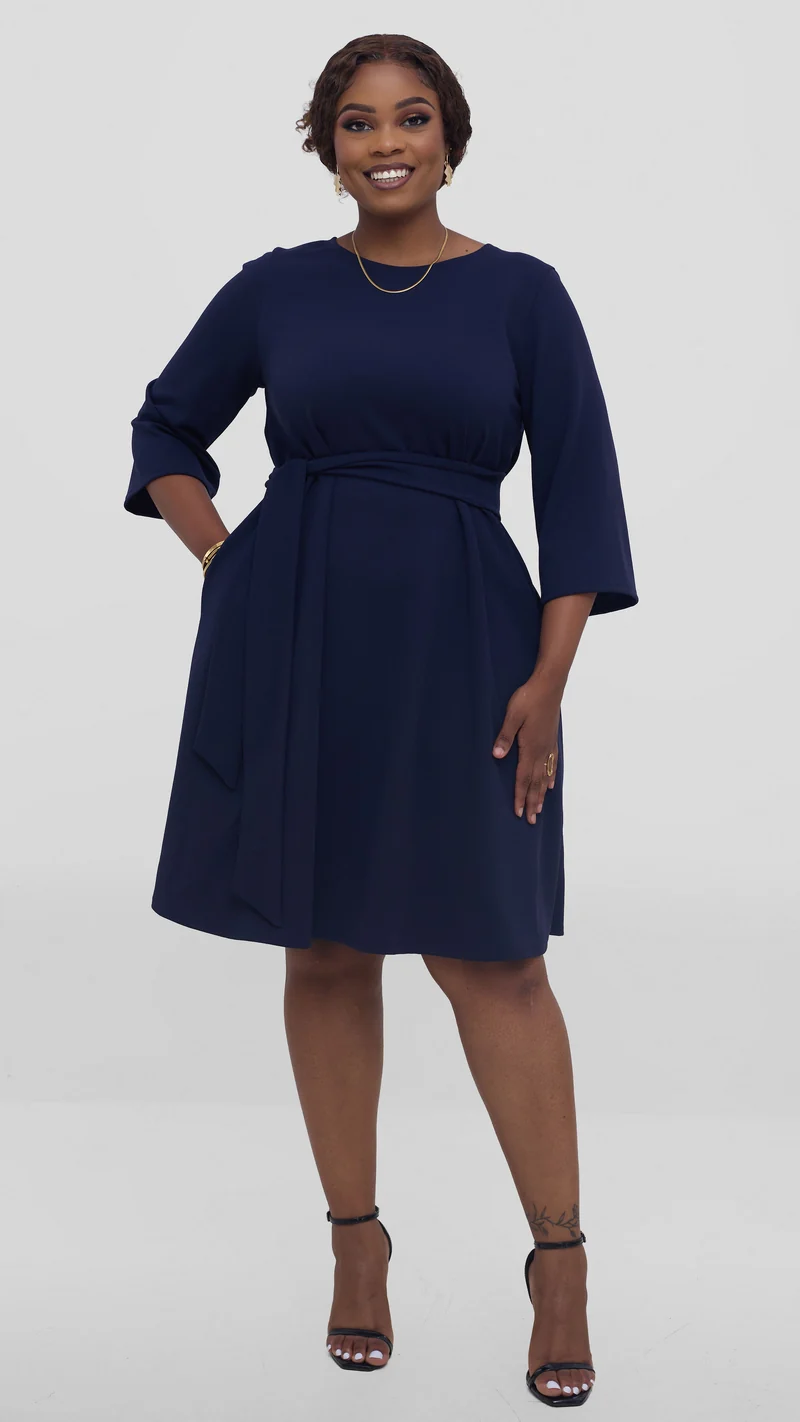 Vivo Imara 3/4 Sleeve Tent Dress In Ponte - Navy