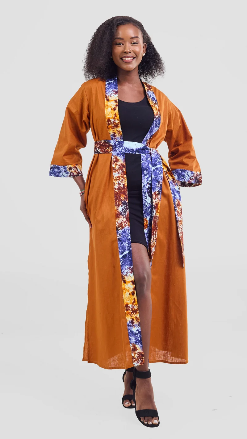 Safari Tafari High Slit Kimono - Rust / Bito Print