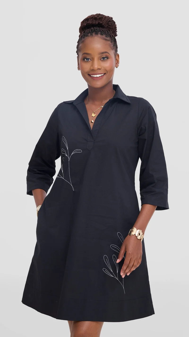 Safari Mansi Wide Hem Embroidered Tent Dress - Black