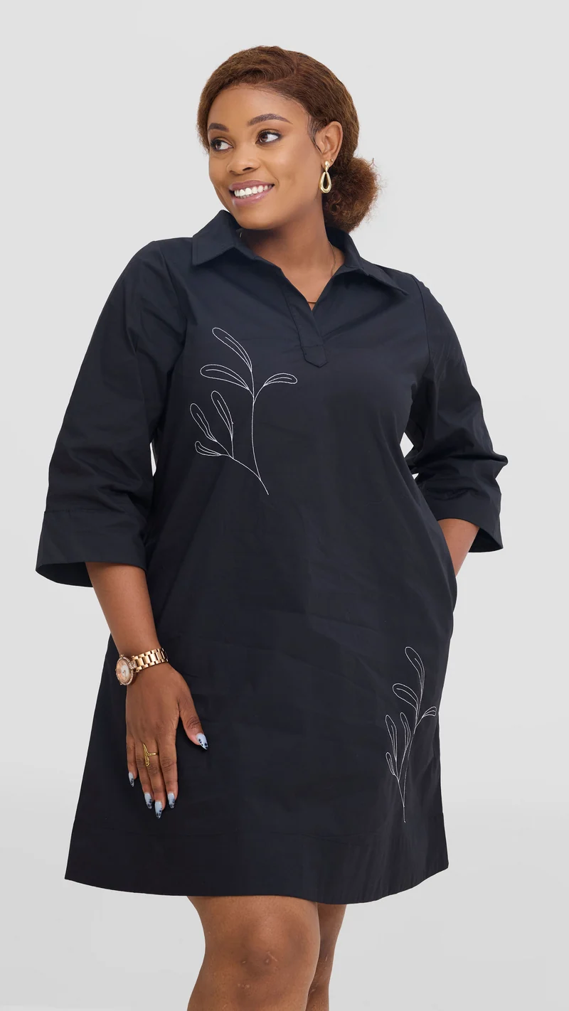 Safari Mansi Wide Hem Embroidered Tent Dress - Black