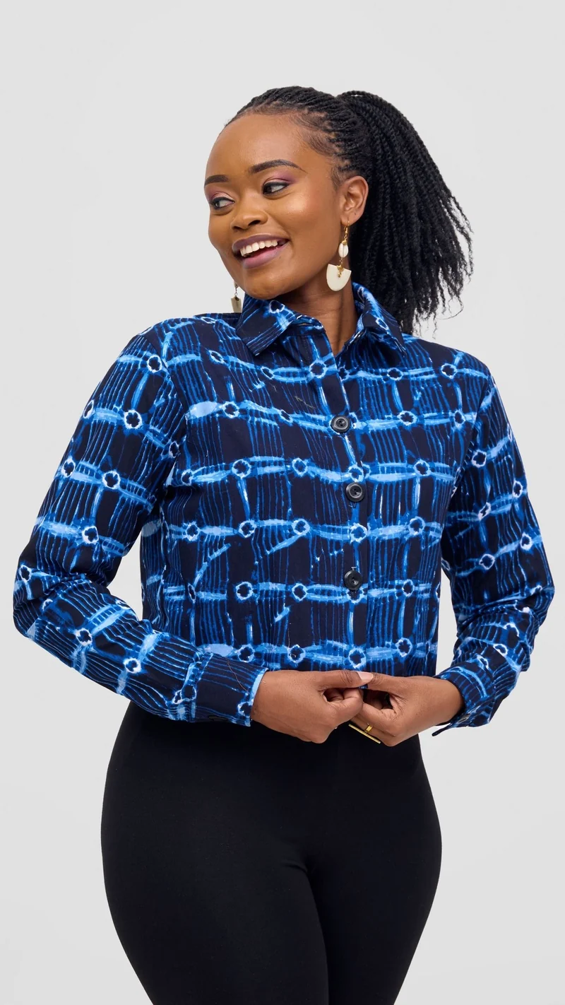 Safari Tara Crop Shacket - Light Blue / Navy Dire Print