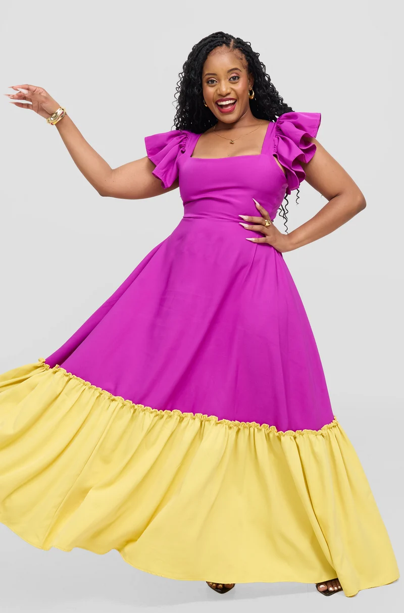 Zambarau Apparel Two - Toned Dress - Purple / Yellow