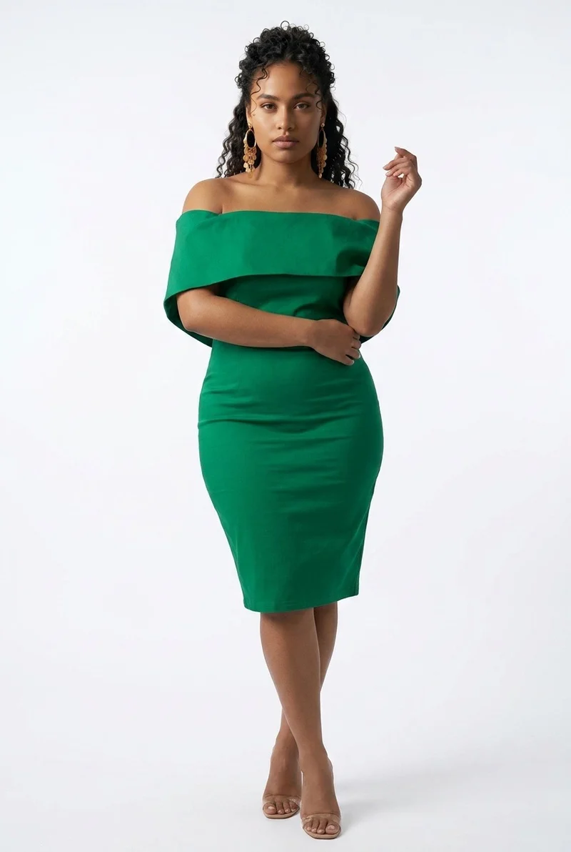 Stylish Sisters Off-The-Shoulder Bardot Bodycon Midi Dress - Green