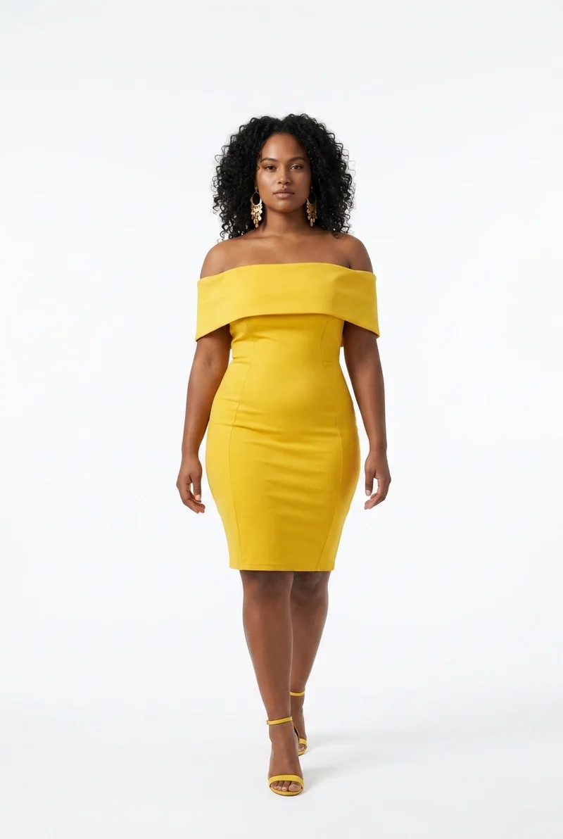 Stylish Sisters Off-The-Shoulder Bardot Bodycon Midi Dress - Yellow
