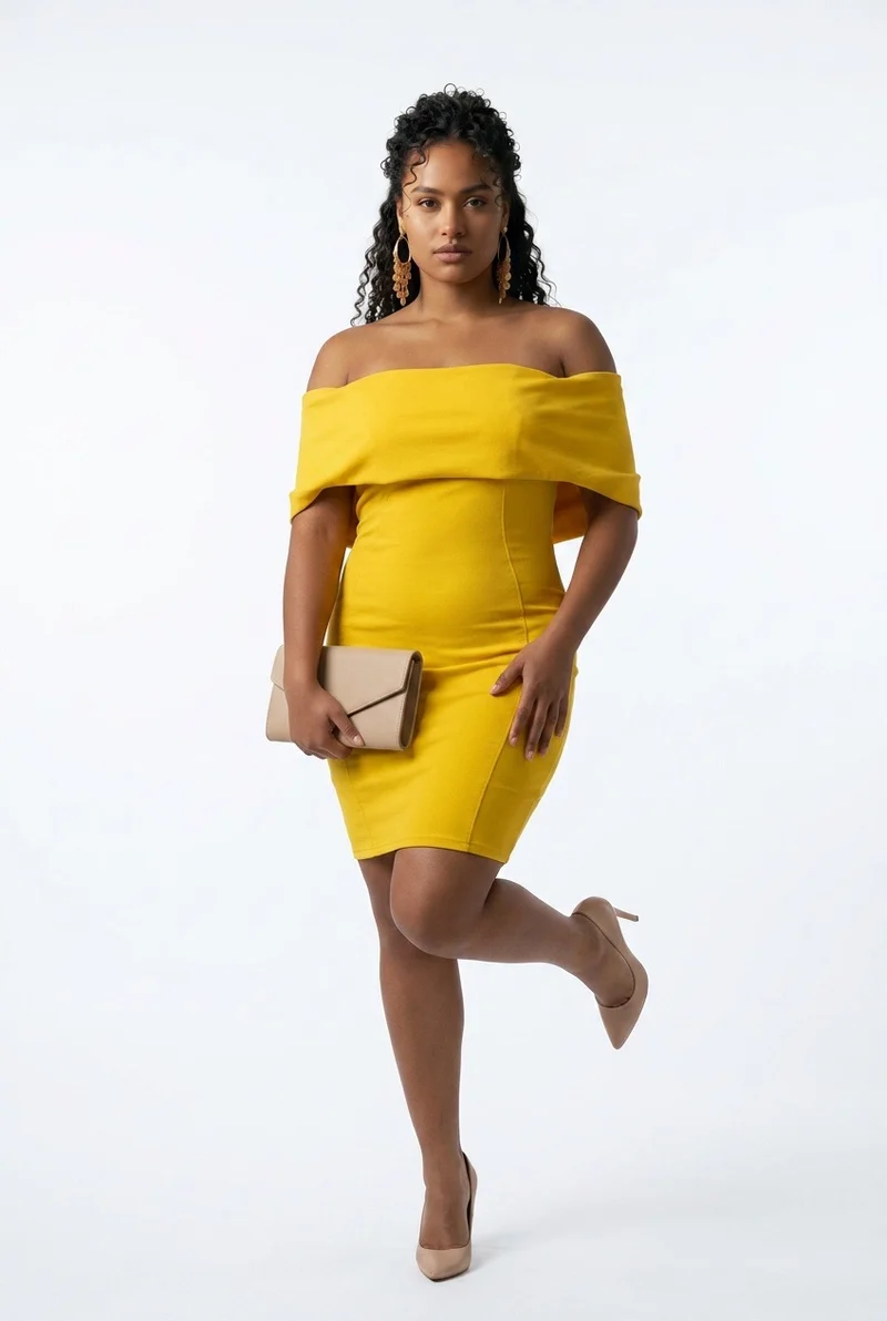 Stylish Sisters Off-The-Shoulder Bardot Bodycon Midi Dress - Yellow
