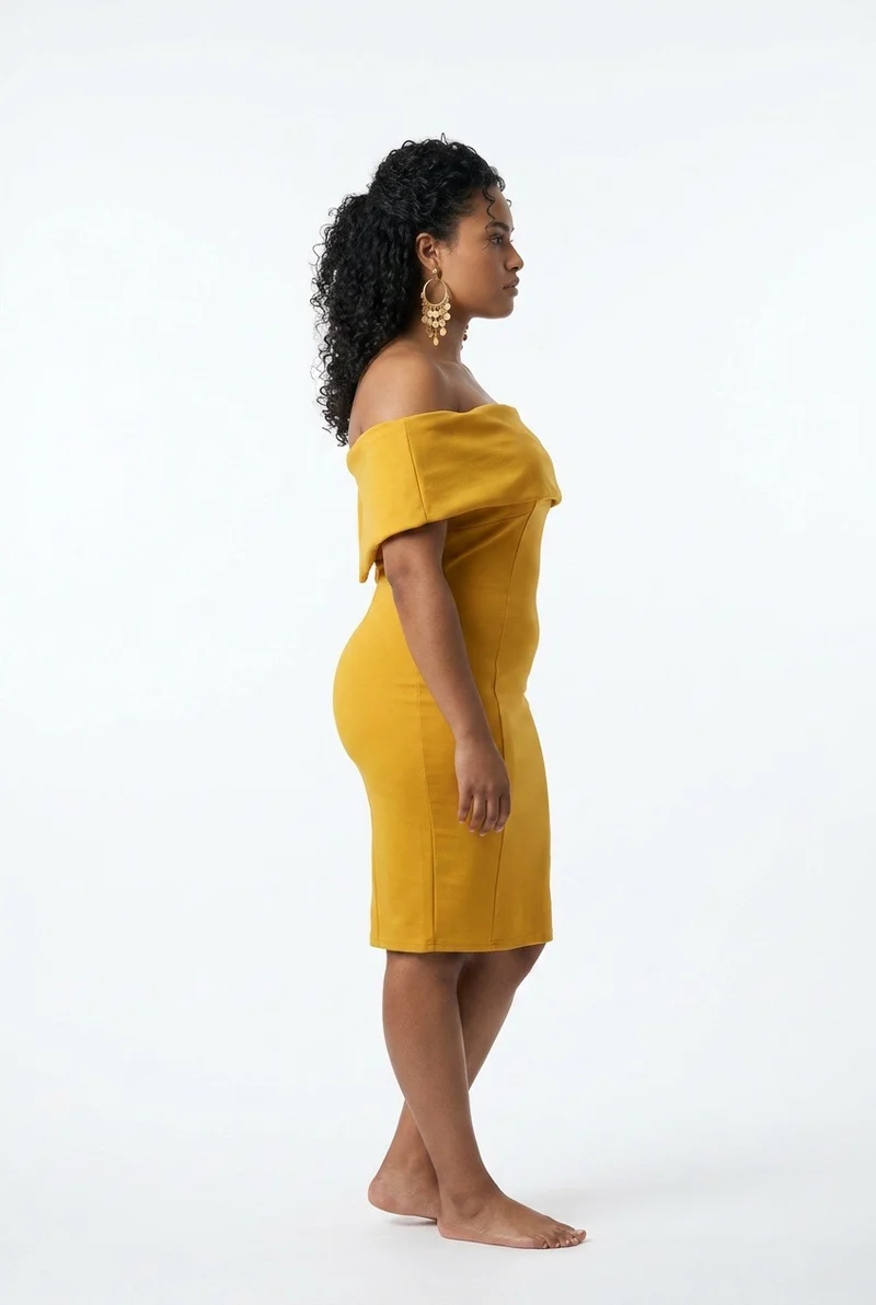 Stylish Sisters Off-The-Shoulder Bardot Bodycon Midi Dress - Yellow