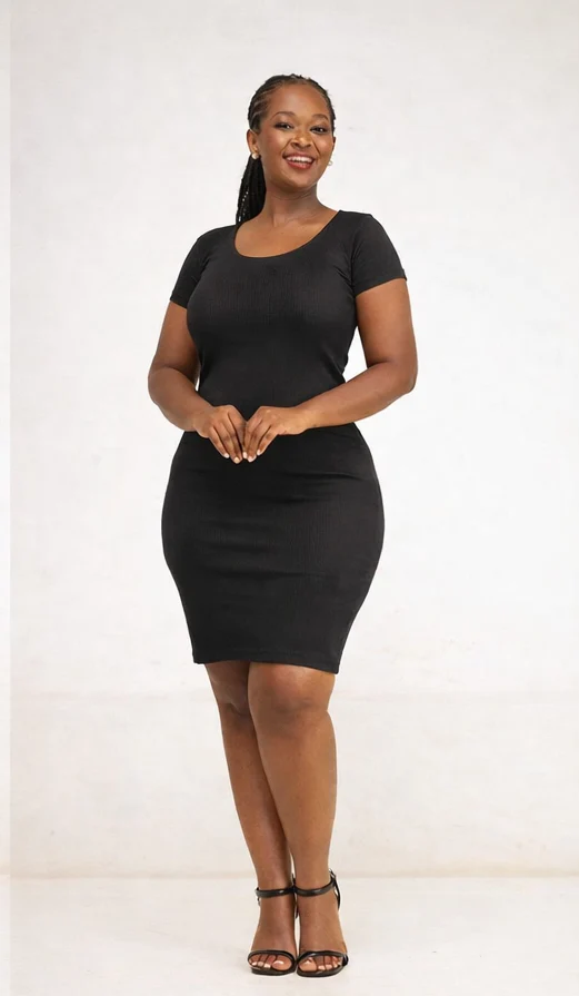 Essentiables Cotton Ribbed Mid Knee Length Dress - Black