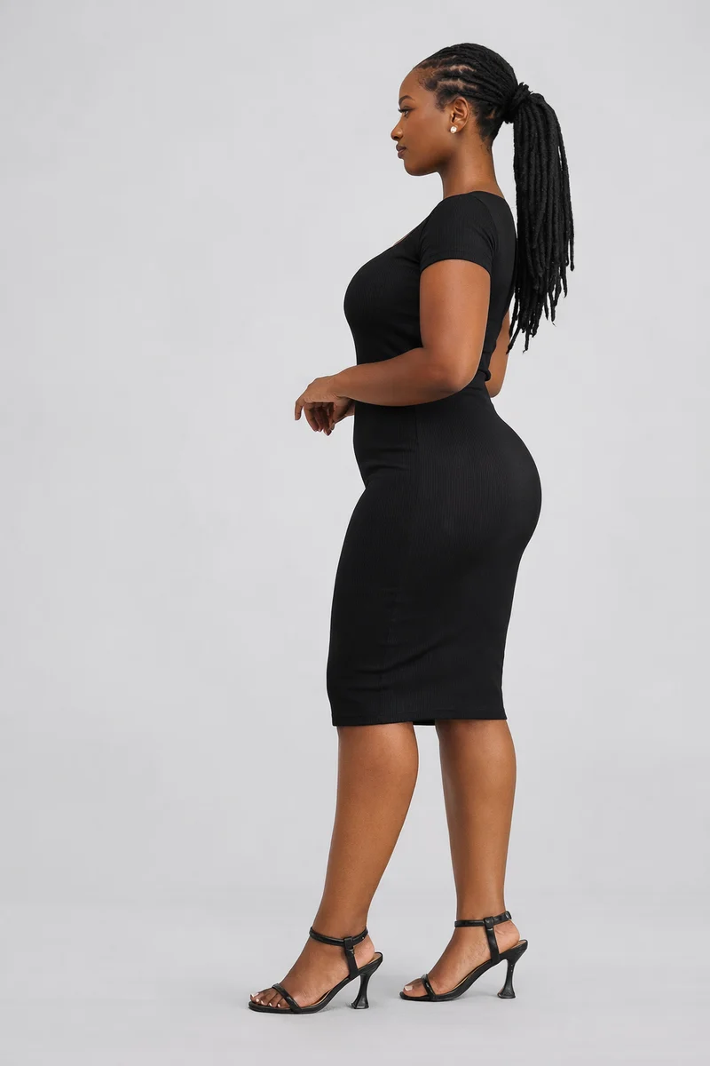 Essentiables Cotton Ribbed Mid Knee Length Dress - Black