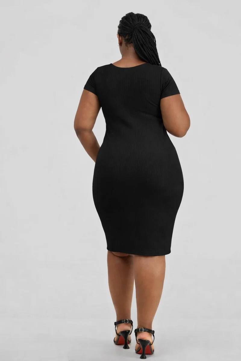 Essentiables Cotton Ribbed Mid Knee Length Dress - Black