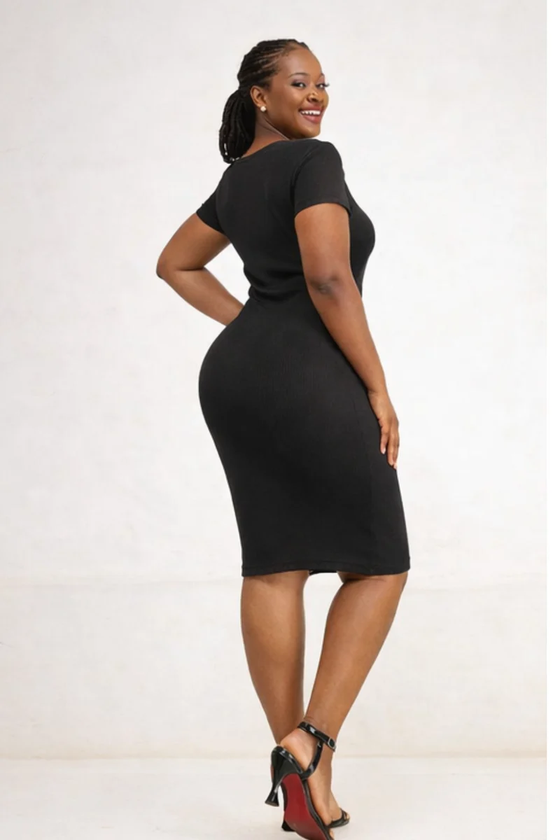 Essentiables Cotton Ribbed Mid Knee Length Dress - Black