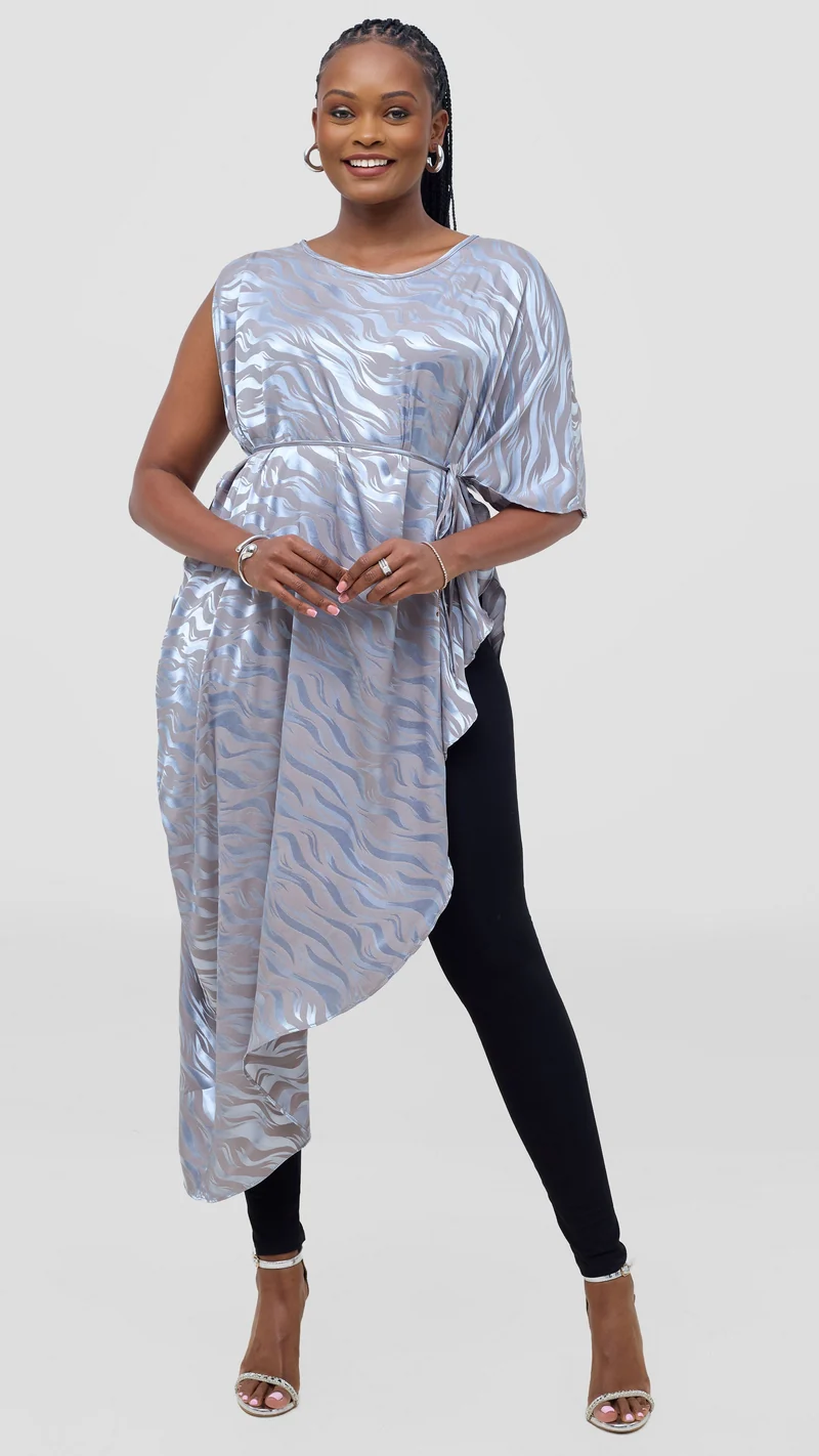 Vivo Liora Asymmetrical Kaftan Top in Satin - Baby Blue Textured Print